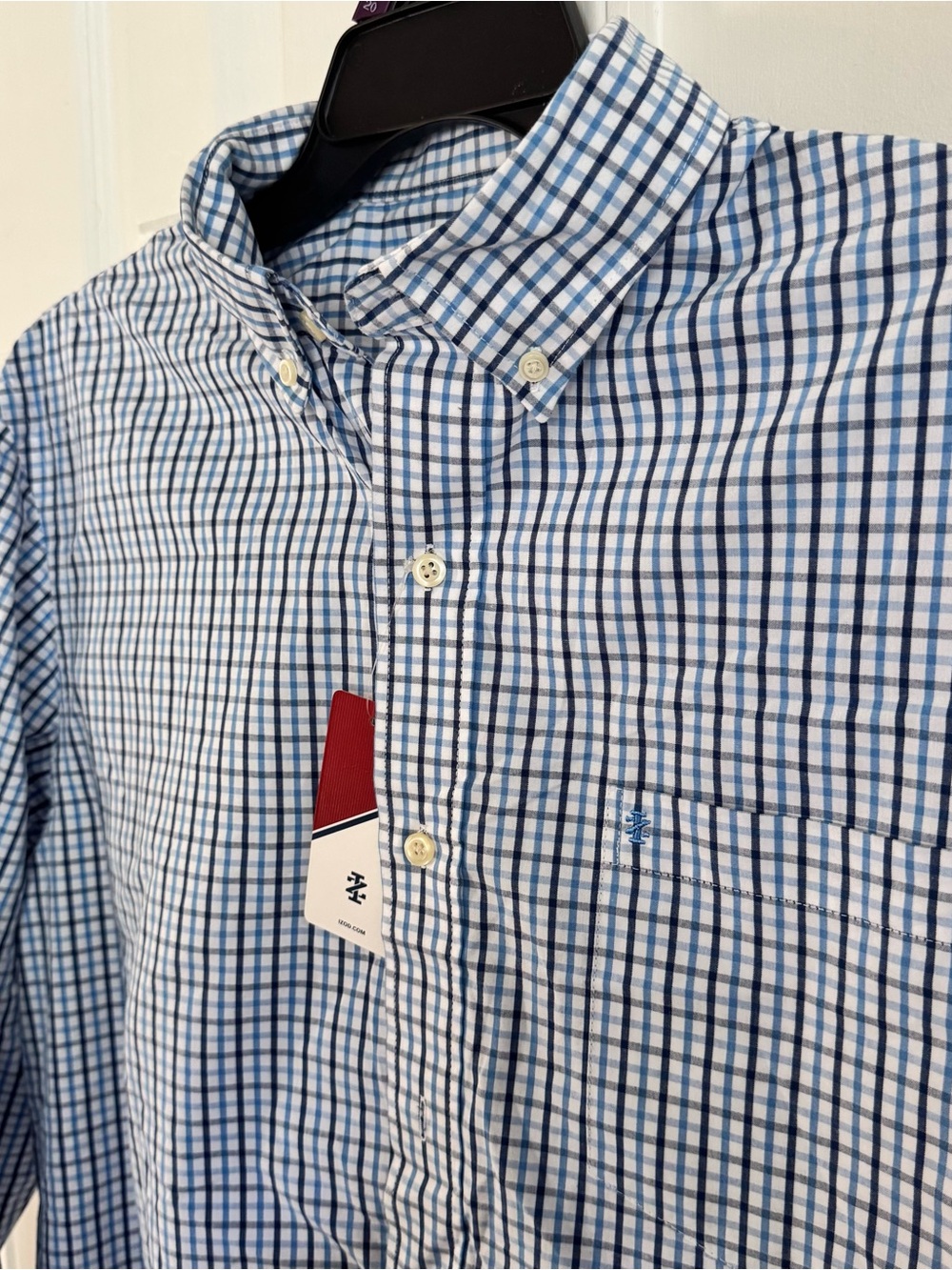 IZOD Men’s Large Shirt 100% Cotton Blue White Plaid Check Long Sleeve Button Up - Picture 2 of 11